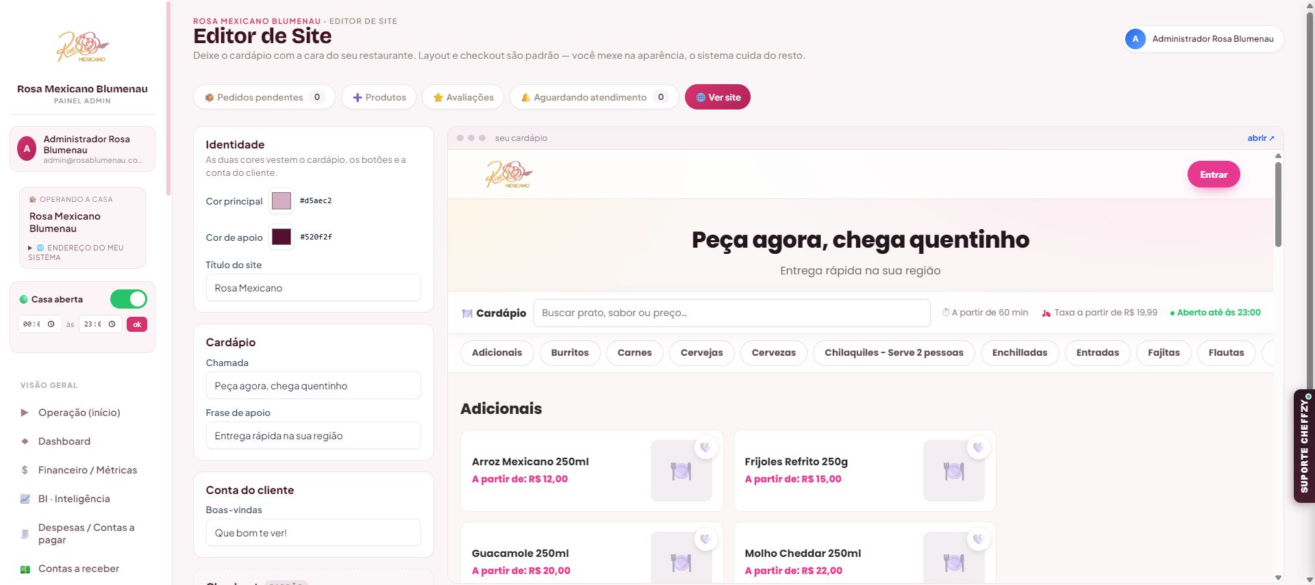 Tela real do editor de site Cheffzy