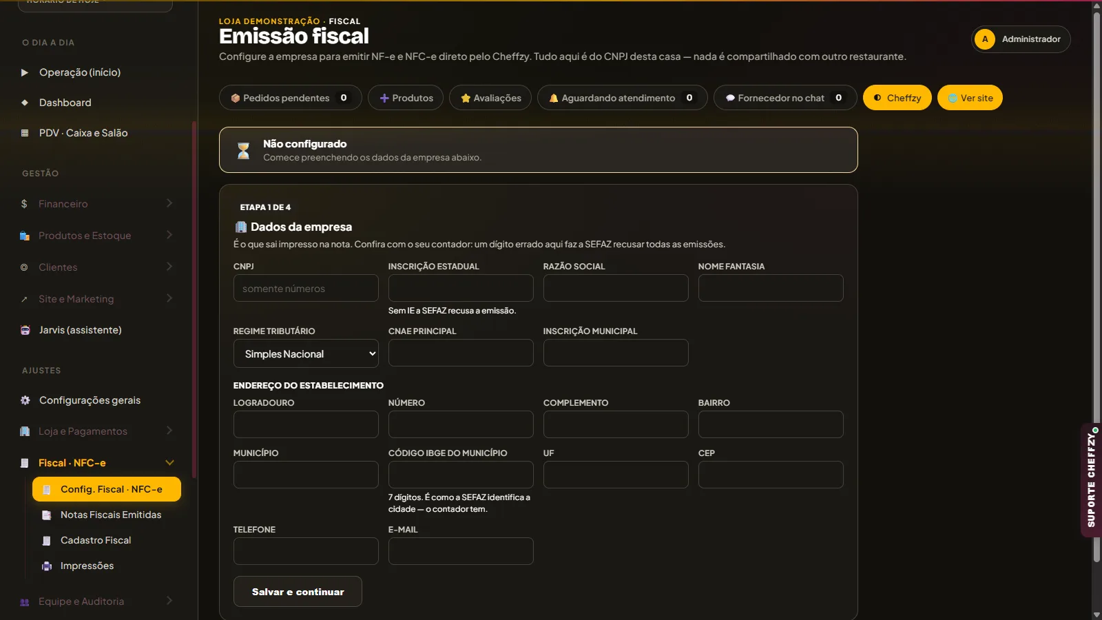 Tela real atual da configuração fiscal Brasil NFe dentro do Cheffzy