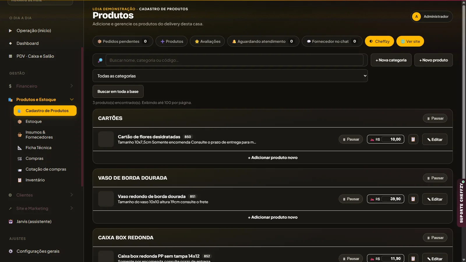 Tela real atual do cadastro de produtos e estoque de uma loja no Cheffzy