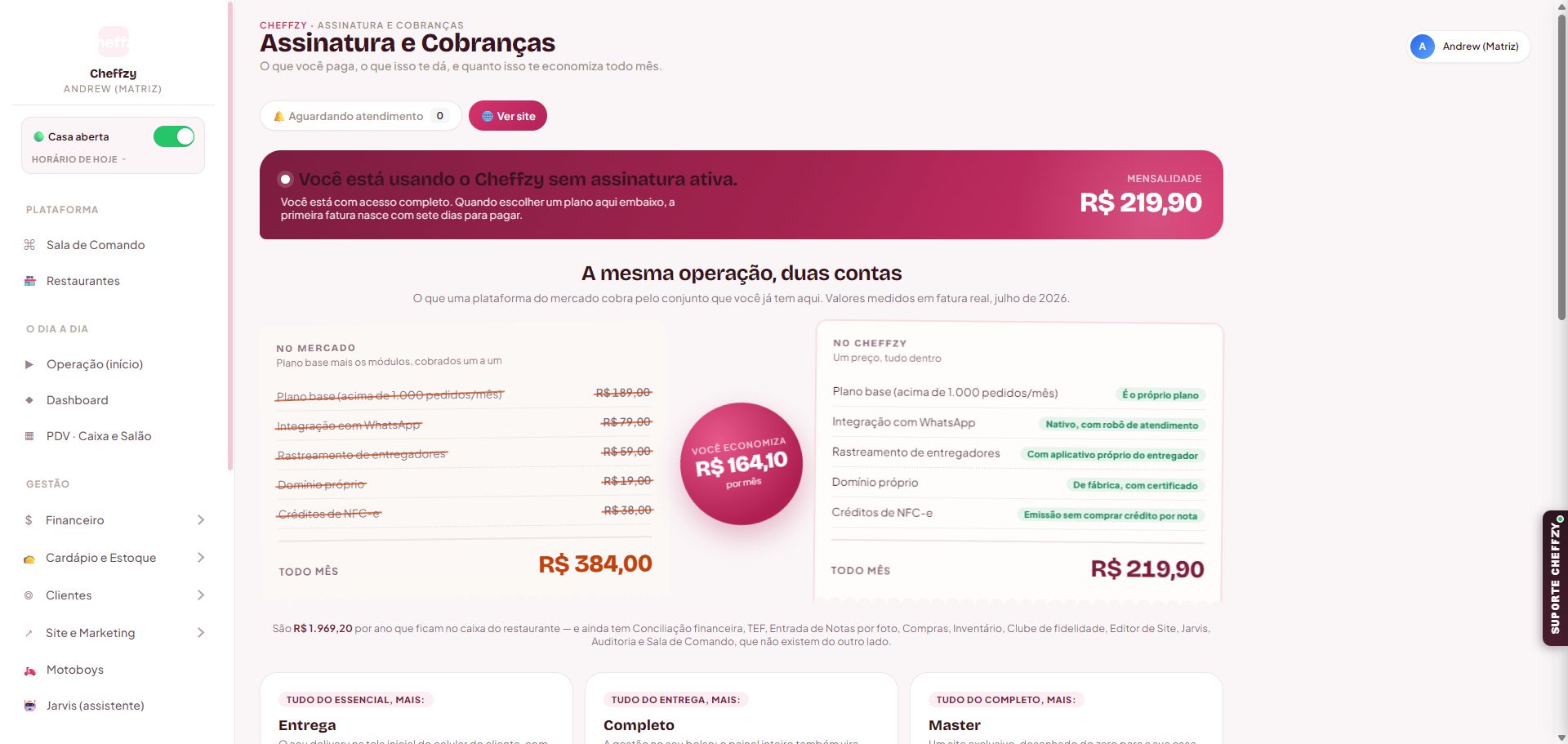Tela real de assinatura e cobranças Cheffzy